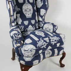 Blue and White Porcelain Pattern Upholstered Wing Chair