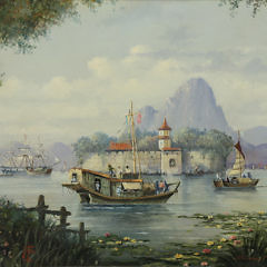 Michael Matthews Chinese Export Style Oil on Canvas, “View of the Fort, Hong Kong”