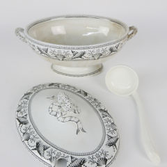 English Transferware Pedestal Soup Tureen, Cover and Ladle, 19th Century