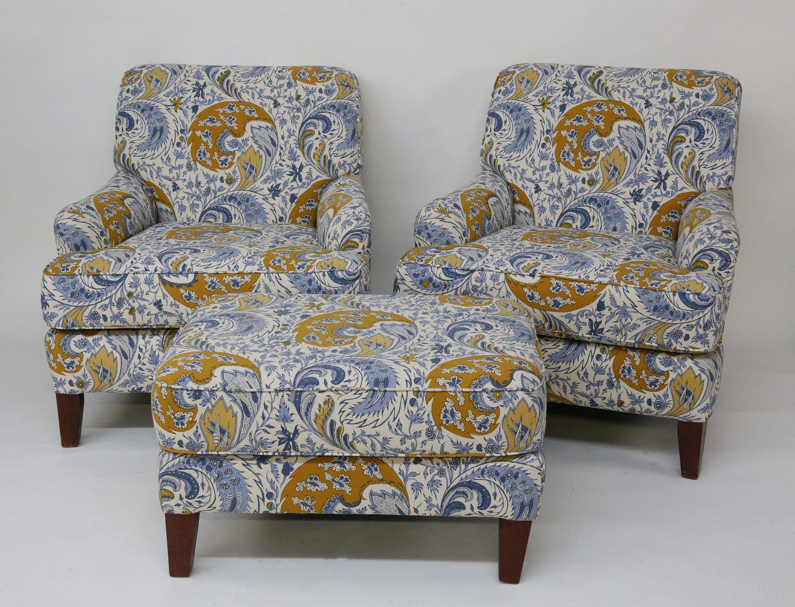 Blue And Gold Floral Upholsteres Armchairs And Ottoman Pair Of Blue 