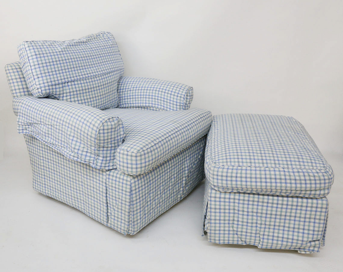Overstuffed Checkered Upholstered Armchair and Ottoman Large Blue and