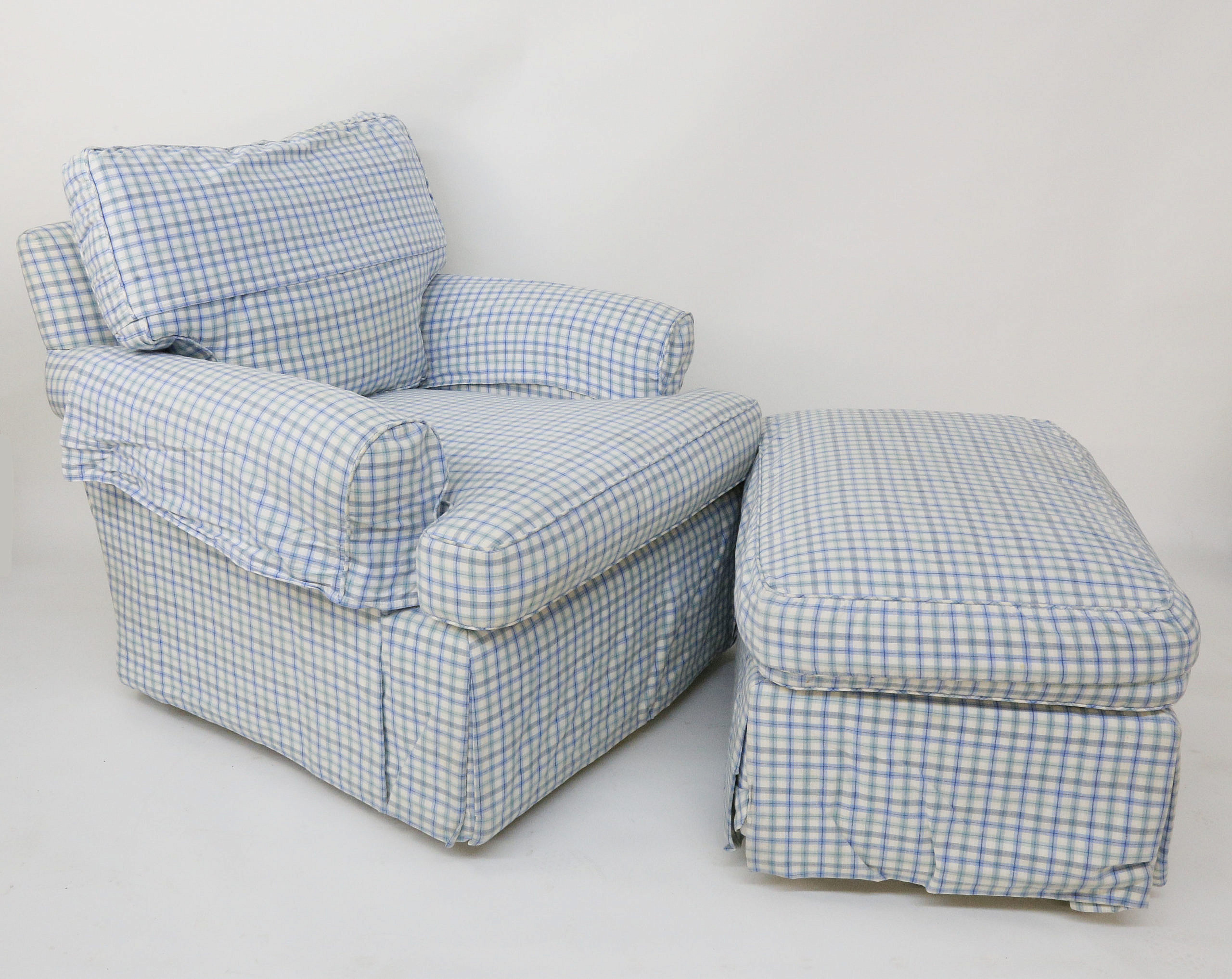 Overstuffed Checkered Upholstered Armchair and Ottoman Large Blue and