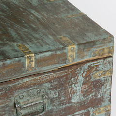 Contemporary Teak Brass Bound Trunk with Blue Washed Paint