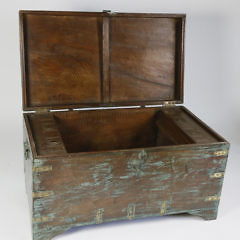 Contemporary Teak Brass Bound Trunk with Blue Washed Paint