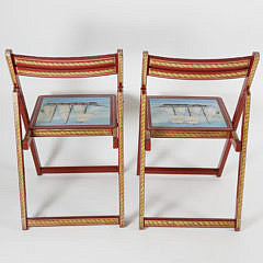 Pair of Red Hand Painted Nautical Theme Folding Chairs