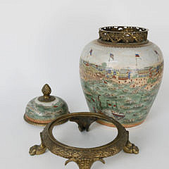 Hong’s Canton Decorated Crackle Glazed and Bronze Covered Temple Jar