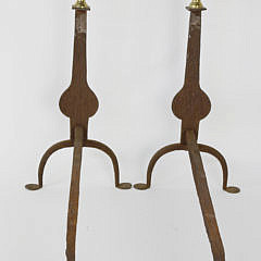 Pair of Cast Iron Knife Blade Andirons with Brass Finials