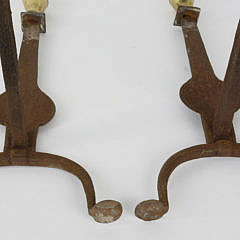 Pair of Cast Iron Knife Blade Andirons with Brass Finials