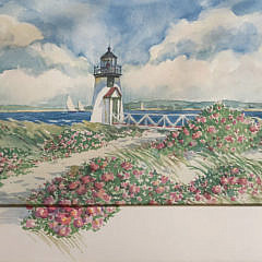 Marilyn Chamberlain Watercolor “Rosa Rugosa in Full Bloom at Brant Point Lighthouse”