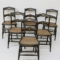 Six Country Decorated Caned Seat Chairs, 19th Century