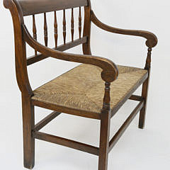 English Oak Spindle Back Rush Seat Settee, 19th c.