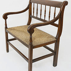 English Oak Spindle Back Rush Seat Settee, 19th c.