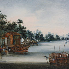 Near Pair of China Trade Oils on Canvas River Landscape Paintings, mid 19th Century