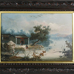 Near Pair of China Trade Oils on Canvas River Landscape Paintings, mid 19th Century