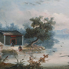 Near Pair of China Trade Oils on Canvas River Landscape Paintings, mid 19th Century