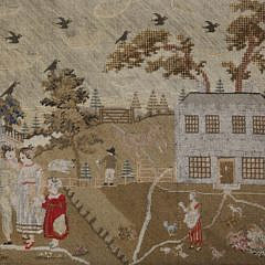 English Needlework Embroidery, “Farmhouse and Family Scene”, 19th c.