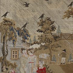 English Needlework Embroidery, “Farmhouse and Family Scene”, 19th c.