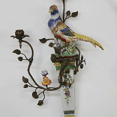 Pair of Castilian Porcelain and Gilt Metal Bird Sconces