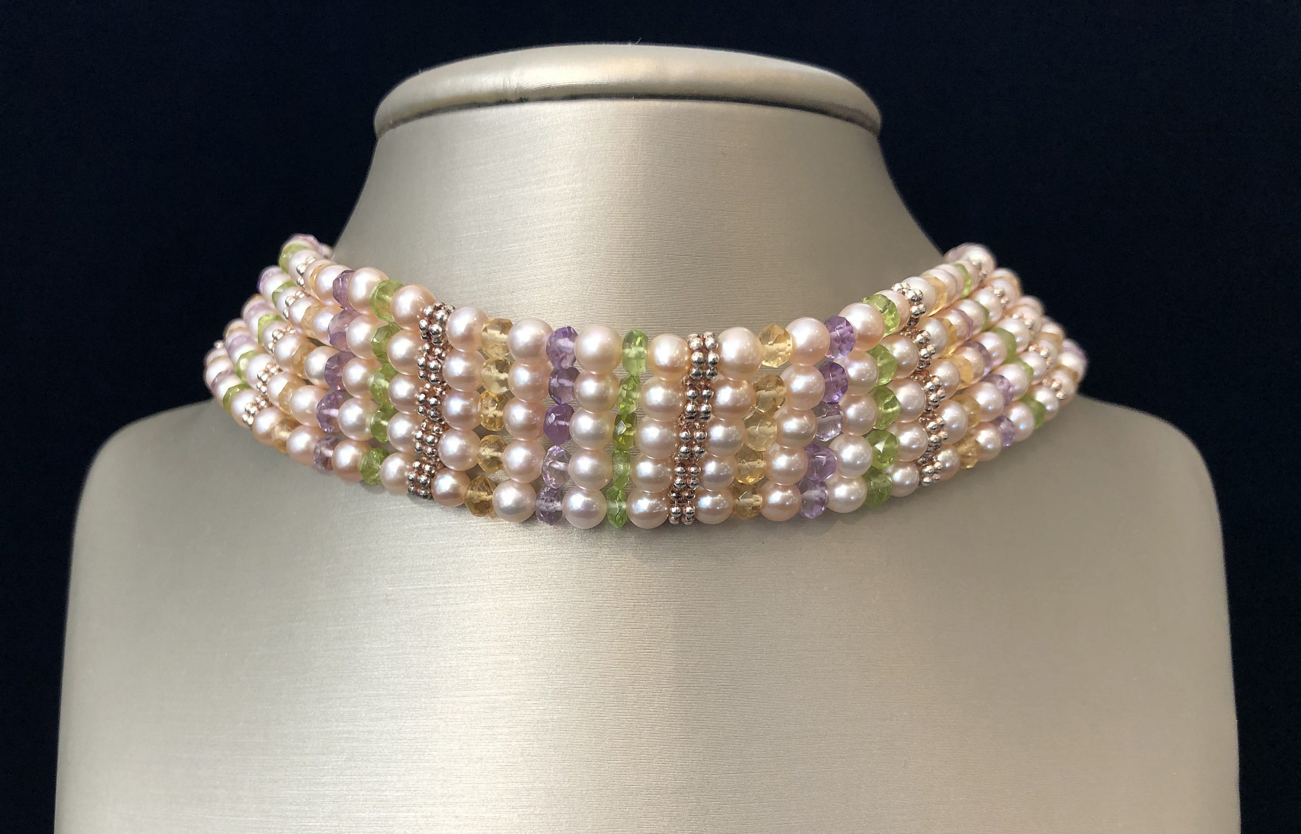 Pearl cut Peridot and Amethyst tennis necklace 925 Sterling Silver Necklace