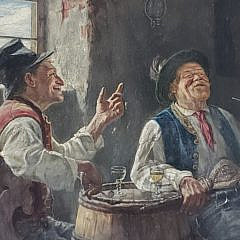 Hugo Kaufmann Oil on Board “Two Men Conversing Over Drink and Smoke”