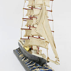 Folk Art Carved Wood 3-Mast Sailing Ship Model