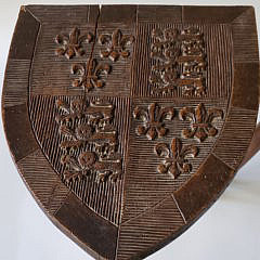 Pair of Antique English Carved Walnut Coat-of-Arms Stools