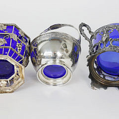 3 Antique Sterling Silver and Plated Cobalt Lined Baskets