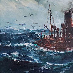 Jack L. Gray Oil on Canvas Board, “Steam Trawler At Sea”