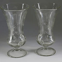 Pair of Etched Glass Flower Vases, late 19th Century