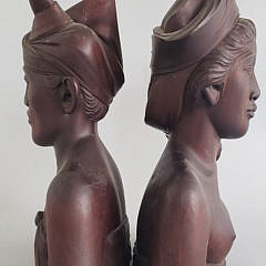 Pair of Antique Balinese Carved Mahogany Busts