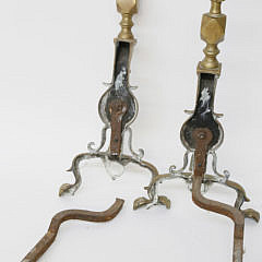 Pair of Newport Rhode Island Flame Top Brass Andirons, 18th Century