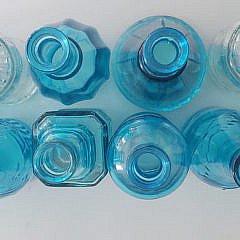 Collection of 12 Antique Bottles, Blue and Clear Glass