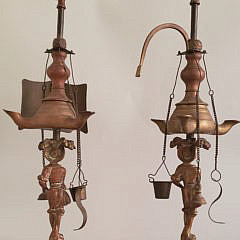 Pair Vintage Brass Portuguese Figural Oil Lamps