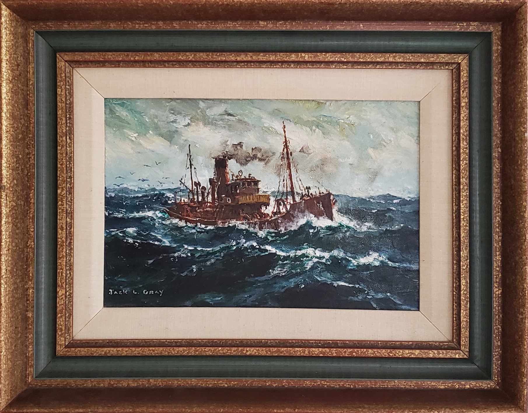 Jack Gray Oil Painting Maritime Jack L. Gray Oil on Canvas Board, "Steam Trawler At Sea