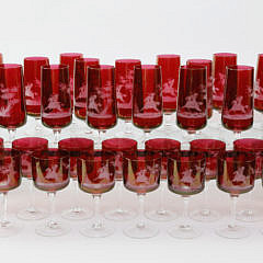 39 Bohemian Ruby Etched Glass Equestrian Wines and Flutes, 20th Century