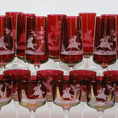 39 Bohemian Ruby Etched Glass Equestrian Wines and Flutes, 20th Century