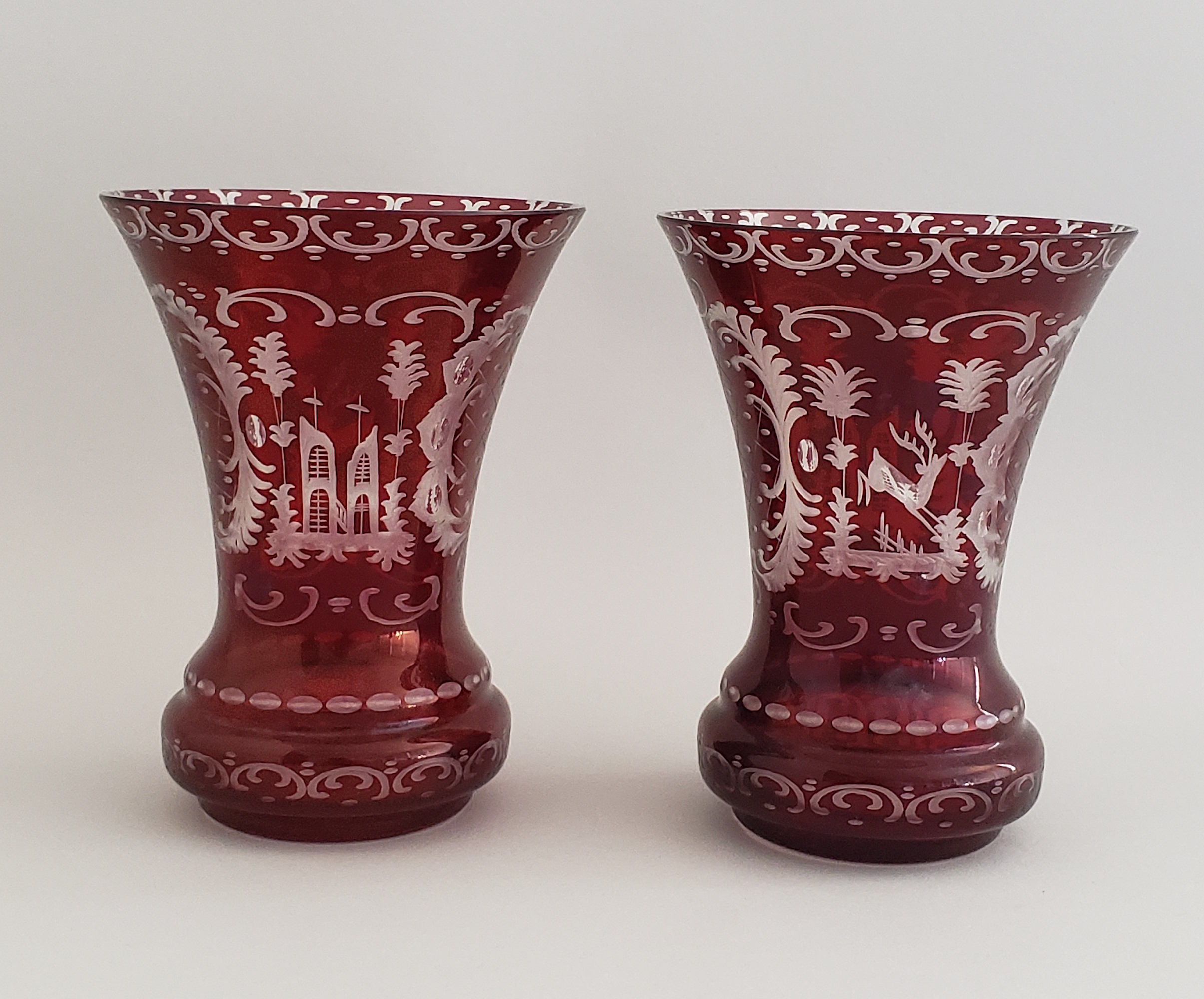 Bohemian Ruby Glass Crystal Vases Pair of Bohemian Ruby Engraved