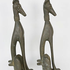 Pair of Signed M.E.K. Patina Bronze Seated Whippet Andirons, circa 1920