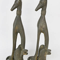 Pair of Signed M.E.K. Patina Bronze Seated Whippet Andirons, circa 1920