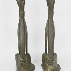 Pair of Signed M.E.K. Patina Bronze Seated Whippet Andirons, circa 1920