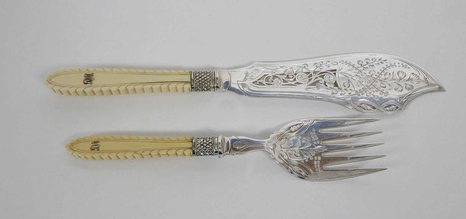 Victorian Engraved Silver Plate and Carved Bone Handle Fish Servers