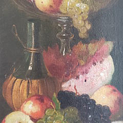 Edward Leavitt Oil on Board, “Fruit and Wine Still Life”, 19th Century