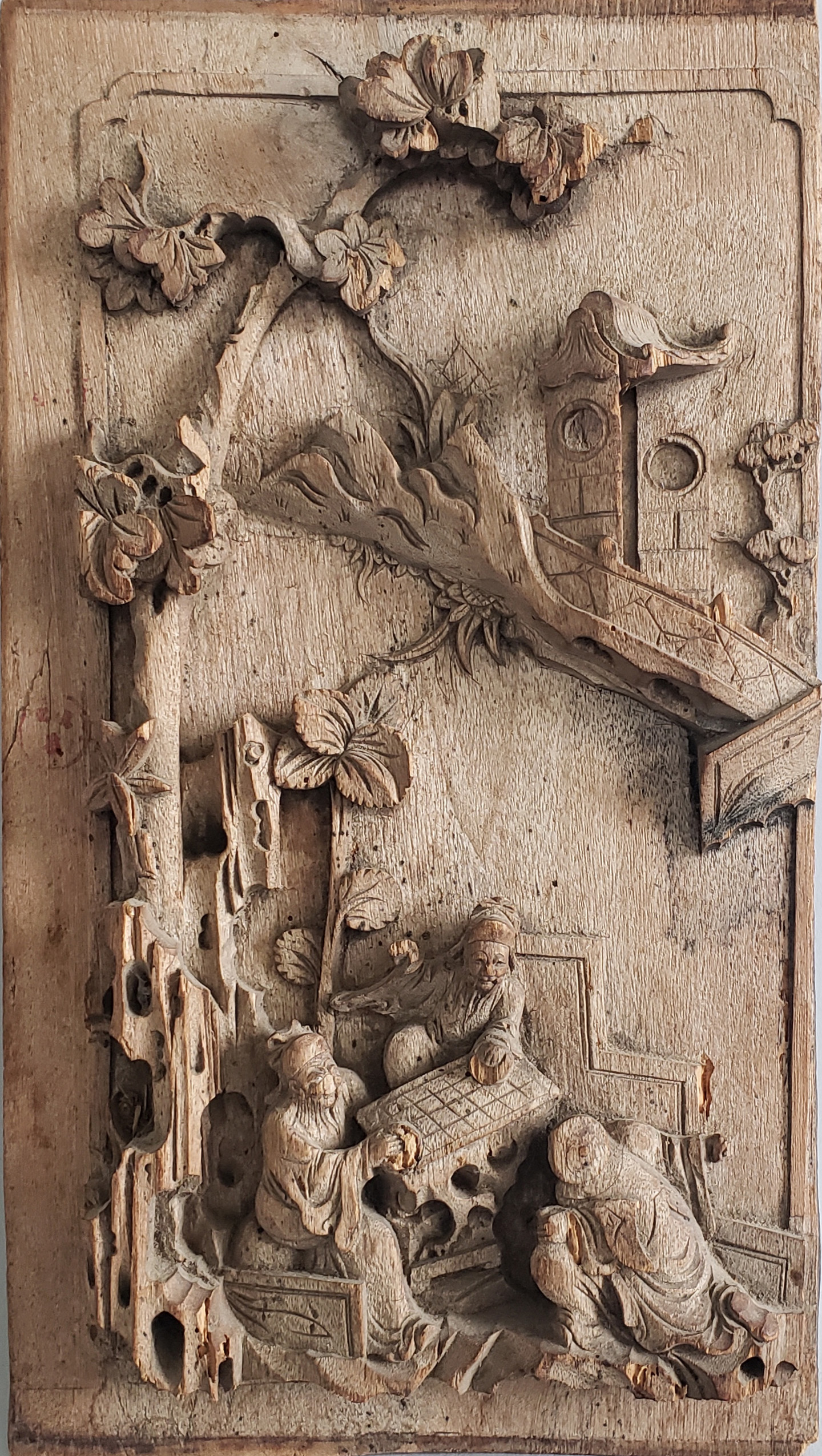 Antique Chinese Teak Wood Carved Panel Figural Landscape - Antique