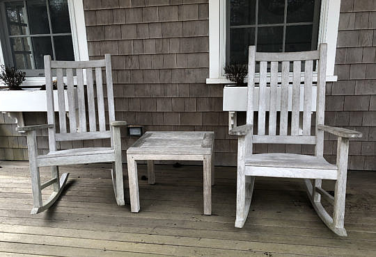 36-3887 Pair Teak Wood Rocking Chairs and Table A IMG_6542