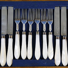 George Angell Boxed Set of 12 Sterling Silver and Mother of Pearl Knives and Forks, circa 1861