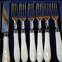 George Angell Boxed Set of 12 Sterling Silver and Mother of Pearl Knives and Forks, circa 1861