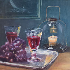 Jan Brough Oil on Board “Tabletop Fruit and Wine ” Still Life Painting