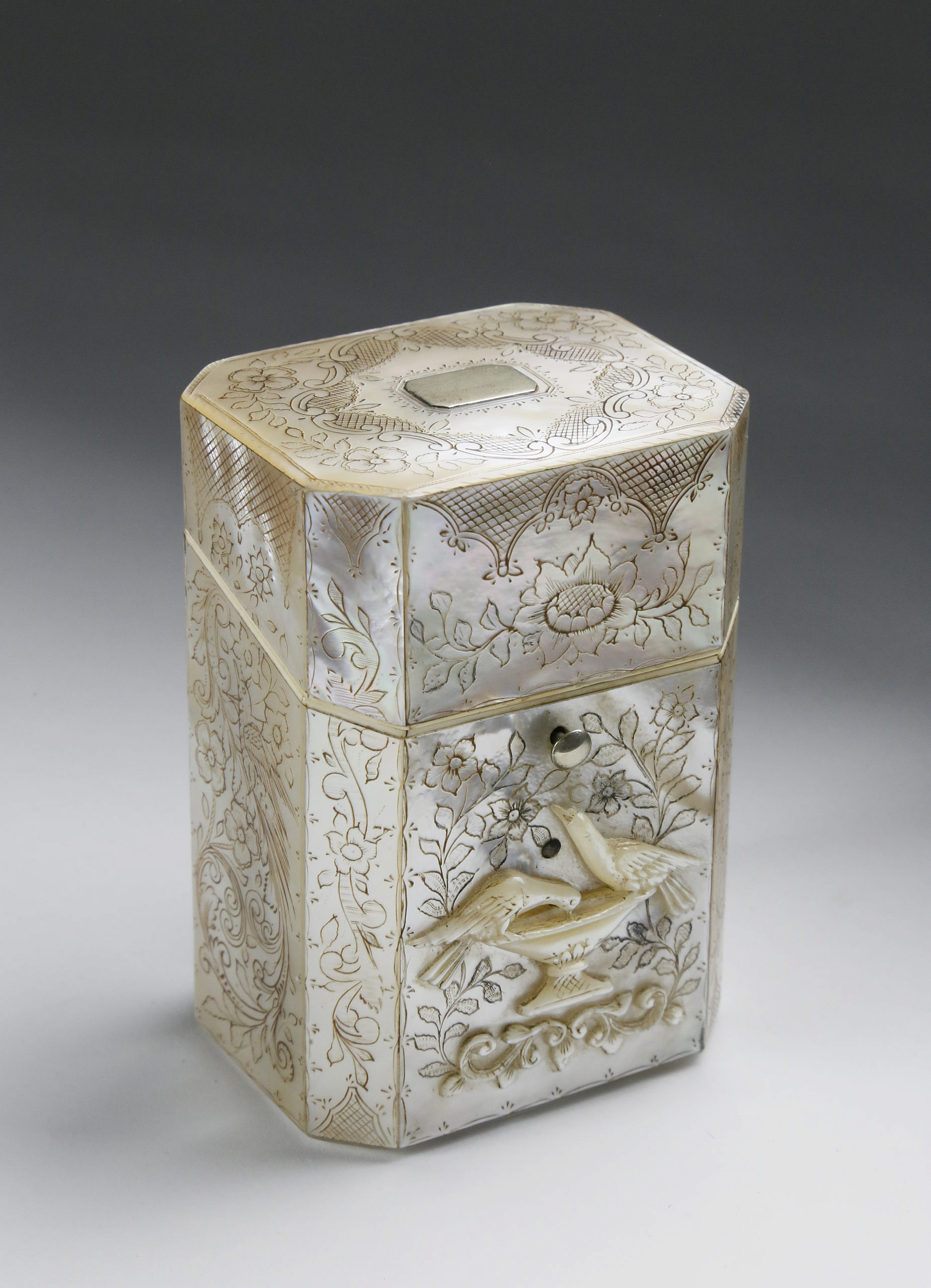 English Carved and Engraved Mother of Pearl Sewing Box circa 1820