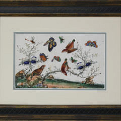 Pair of Chinese Export Watercolors on Pith Paper “Birds and Butterflies Amongst Foliage”, circa 1850