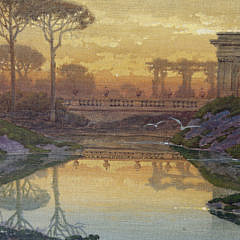 Ferdinand Knab Oil on Canvas “Tranquil Evening Riverside Landscape”, circa 1900